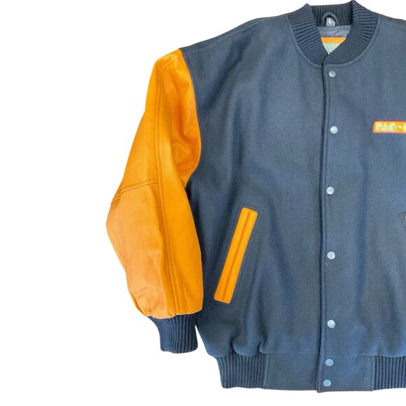 Burks Bay Pac-Man Bomber Jacket Mens Large Orange Black Wool Leather Gamer Coat - Picture 2 of 16
